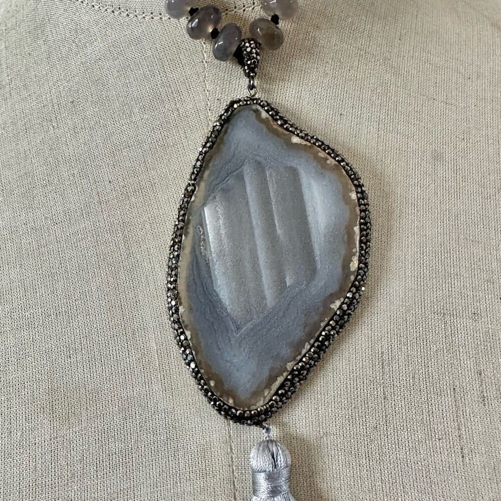 Gray Agate & Horn Beaded Tassel Necklace with Crystal Pendant - Picture 6 of 12